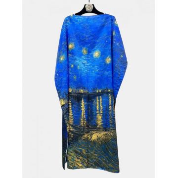 Rochie de plaja lunga tip poncho din matase cu reproducere dupa    Noapte Instelata deasupra Rhonului   de Claude Monet