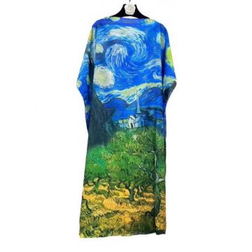 Rochie de plaja lunga tip poncho din matase cu reproducere dupa   Noaptea Instelata  a lui Van Gogh