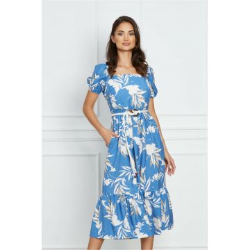 Rochie Diana midi albastra cu imprimeuri florale albe si cordon in talie