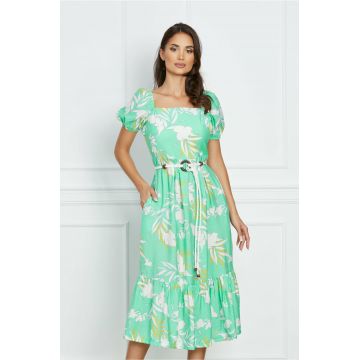 Rochie Diana midi verde cu imprimeuri florale albe si cordon in talie