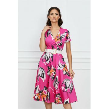 Rochie Dolores fucsia cu imprimeuri florale si curea in talie