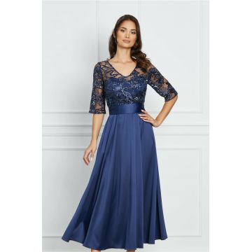 Rochie Dy Fashion bleumarin din satin cu bust si maneci din dantela