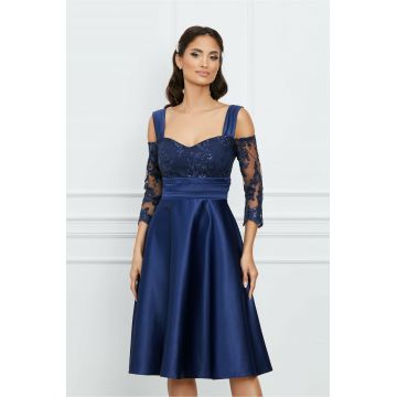 Rochie Dy Fashion bleumarin din tafta cu maneci din dantela si umeri goi