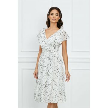 Rochie Dy Fashion din voal alba cu buline negre si cordon in talie