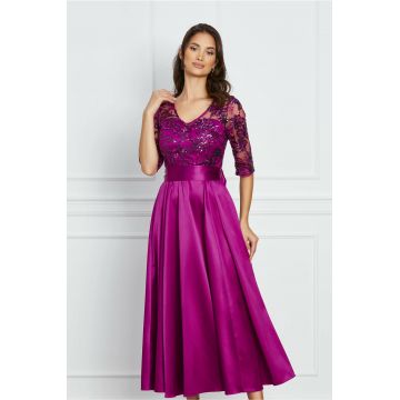 Rochie Dy Fashion magenta din satin cu bust si maneci din dantela