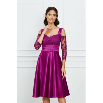 Rochie Dy Fashion magenta din tafta cu maneci din dantela si umeri goi