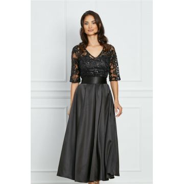 Rochie Dy Fashion neagra din satin cu bust si maneci din dantela