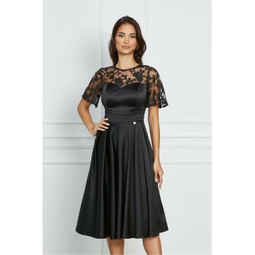 Rochie Dy Fashion neagra din tafta cu maneci si decolteu din dantela