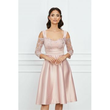 Rochie Dy Fashion roz din tafta cu maneci din dantela si umeri goi