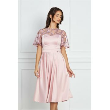 Rochie Dy Fashion roz din tafta cu maneci si decolteu din dantela