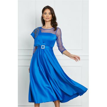 Rochie Elena albastra din satin cu strasuri si curea in talie