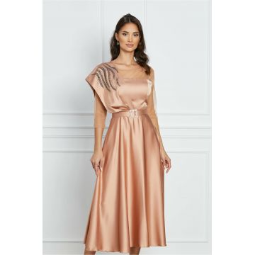 Rochie Elena bej din satin cu strasuri si curea in talie