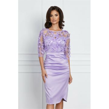 Rochie Ella Collection Catlin lila cu flori la bust si maneci scurte