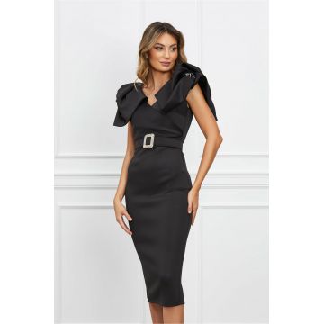 Rochie Ilinca neagra din neopren cu volane la maneci si curea in talie