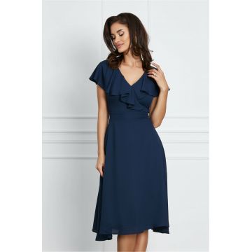 Rochie Irina bleumarin cu volanase la decolteu