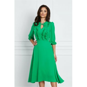 Rochie Lary verde cu volanase la bust și snur la baza gatului