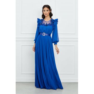 Rochie Laura albastra lunga cu broderie florala si curea in talie