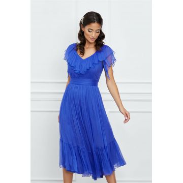 Rochie Leonard Collection albastra cu volanas la bust si decolteu in v