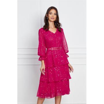 Rochie Lora fucsia cu picatele aurii si curea in talie