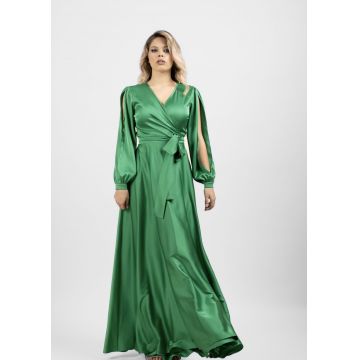 Rochie lunga de ocazie din voal verde cu croiala petrecuta