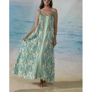 Rochie lunga de vara din vascoza si bumbac, cu imprimeu floral verde