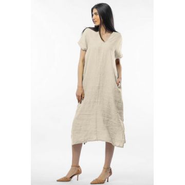 Rochie lunga din in cu funda pe spate, bej