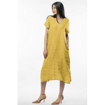Rochie lunga din in cu funda pe spate, galbena