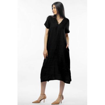 Rochie lunga din in cu funda pe spate, neagra