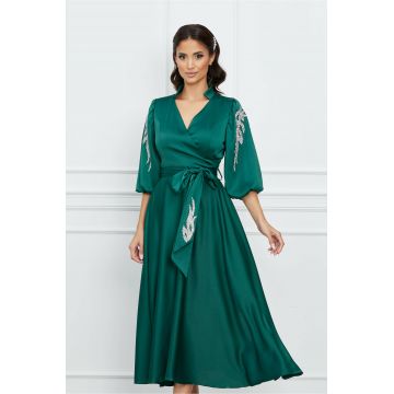 Rochie Magdalena verde inchis din satin cu strasuri pe maneci