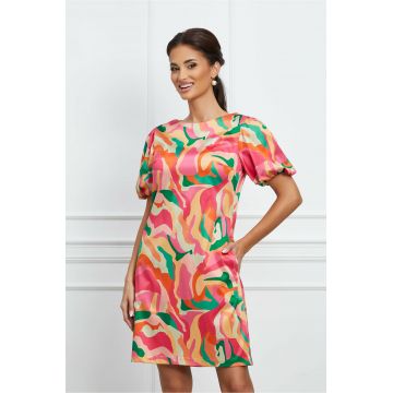 Rochie MBG fucsia cu imprimeuri verzi si orange