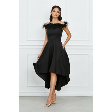 Rochie MBG neagra cu pene la bust si lungime asimetrica