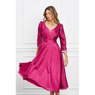 Rochie Mirabela magenta din organza cu strasuri la maneci