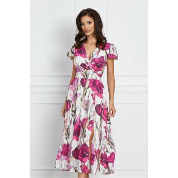 Rochie Moze alba cu imprimeuri florale magenta