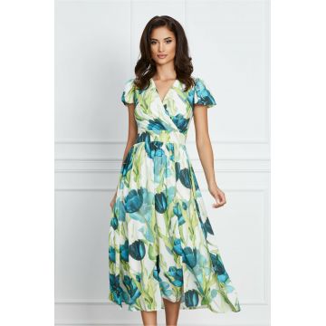 Rochie Moze alba cu imprimeuri florale turcoaz