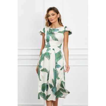 Rochie Moze ivory cu imprimeu exotic verde