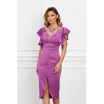 Rochie Moze mov din satin cu dantela la bust