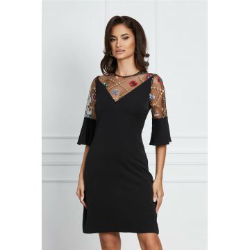 Rochie Moze neagra cu broderie pe bust si maneci