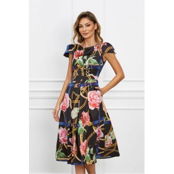Rochie Moze neagra cu imprimeu chain si flori roz