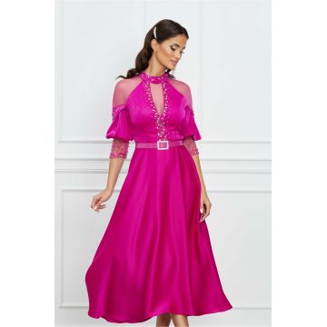 Rochie Natalia fucsia cu strasuri si tull la bust si maneci