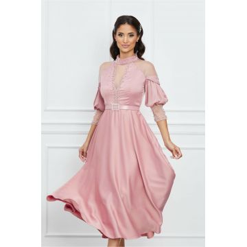 Rochie Natalia roz cu strasuri si tull la bust si maneci