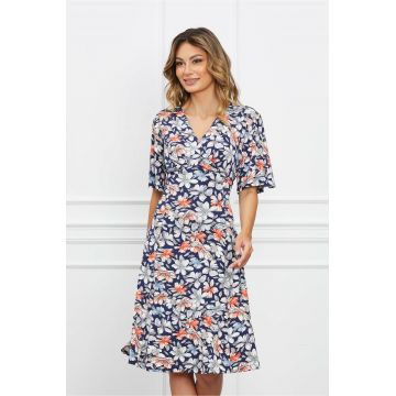 Rochie Raisa bleumarin cu flori albe si orange
