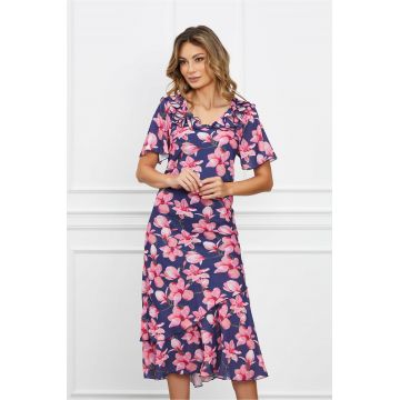 Rochie Raisa bleumarin cu imprimeu floral roz si volanase