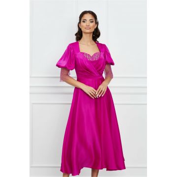 Rochie Ramona fucsia cu strasuri la bust si curea in talie