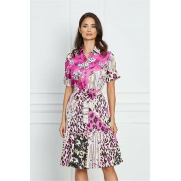 Rochie Sabina fuchsia tip camasa cu imprimeu floral si animal print