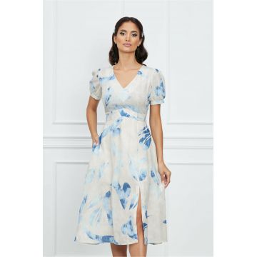 Rochie Sandra bej cu imprimeu bleu