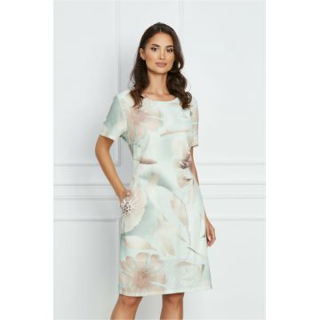 Rochie Simona verde mint cu imprimeu bej si buzunare