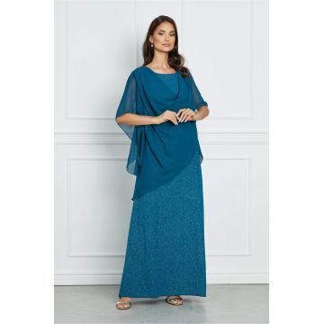 Rochie Sorana lunga verde cu glitter si capa din voal