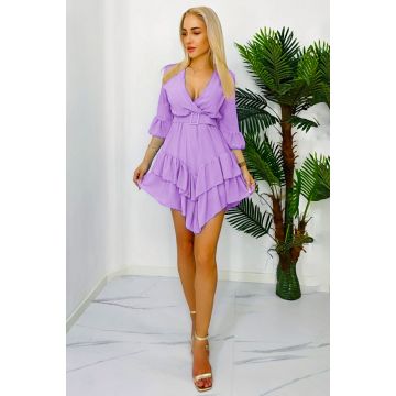 Rochie vaporoasa Evelina, din voal, maneca trei sferturi si curea inclusa, Lila, Marime S/M