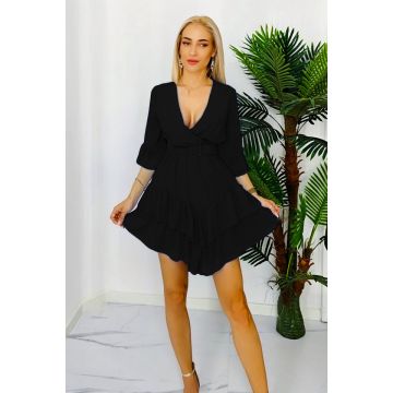 Rochie vaporoasa Evelina, din voal, maneca trei sferturi si curea inclusa, Negru, Marime S/M