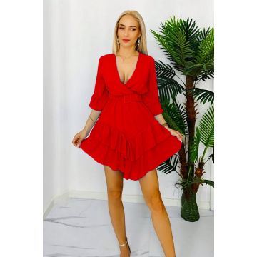Rochie vaporoasa Evelina, din voal, maneca trei sferturi si curea inclusa, Rosu, Marime S/M
